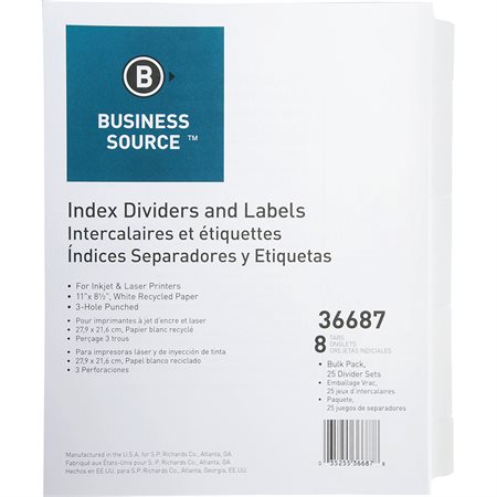 Printable Divider 3-hole punched. 25 sets. 8 tabs