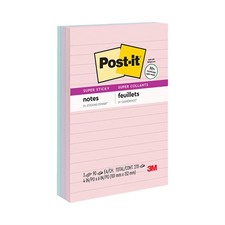Post-it® Super Sticky Recycled Notes – Wanderlust Pastels 4 x 6 in., lined 90-sheet pad (pkg 3)